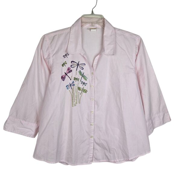 Vtg Tia Blouse XL Pink Striped Iridescent Dragonfly Embroidered Rhinestone - Picture 1 of 6